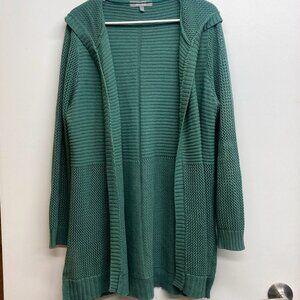 Marled open front textured green cardigan with hood, size M